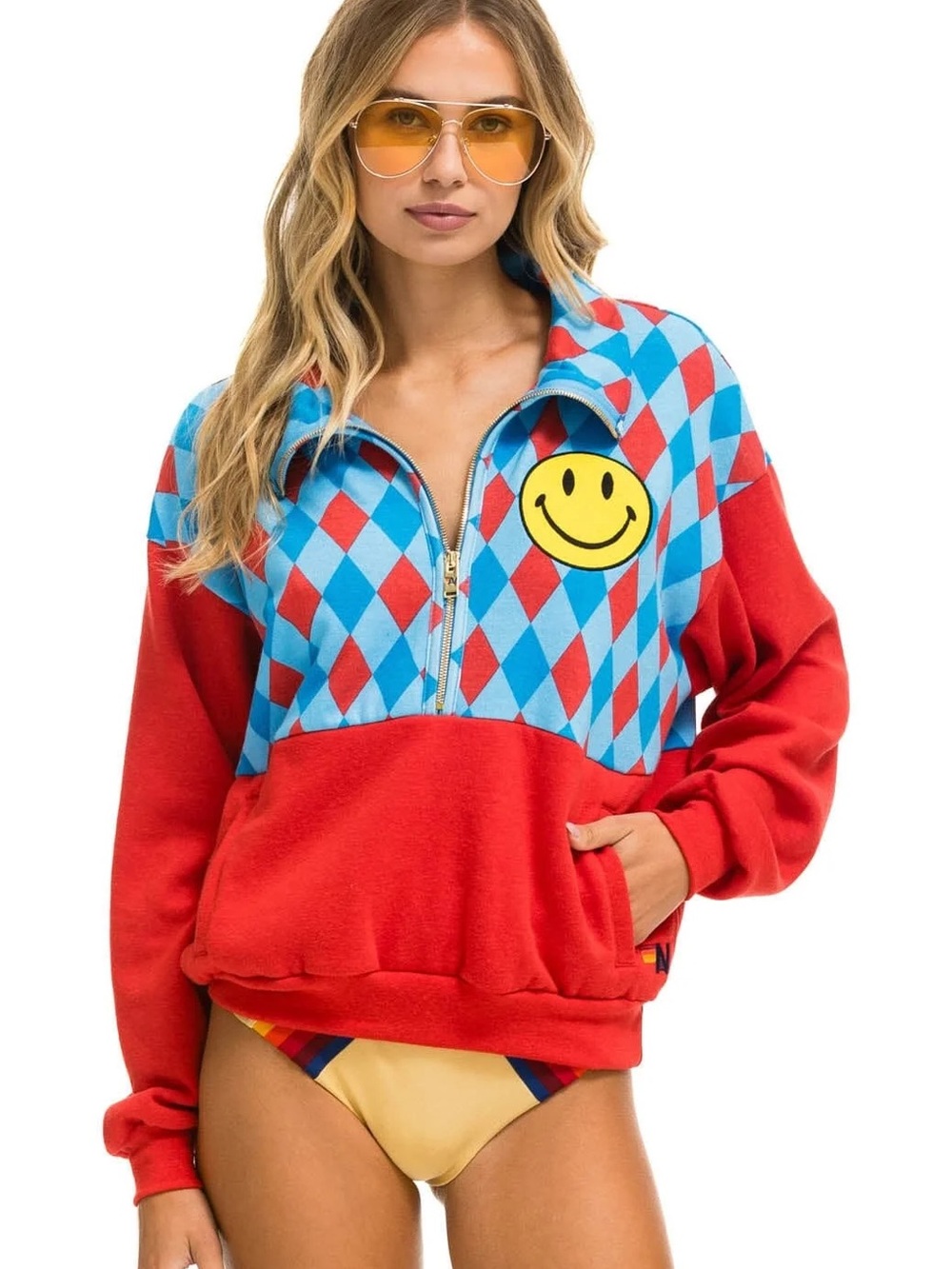 Aviator  NationDIAMOND SMILEY 2 FLEECE HALF ZIP COLOR BLOCK SWEATSHIRT - RED //